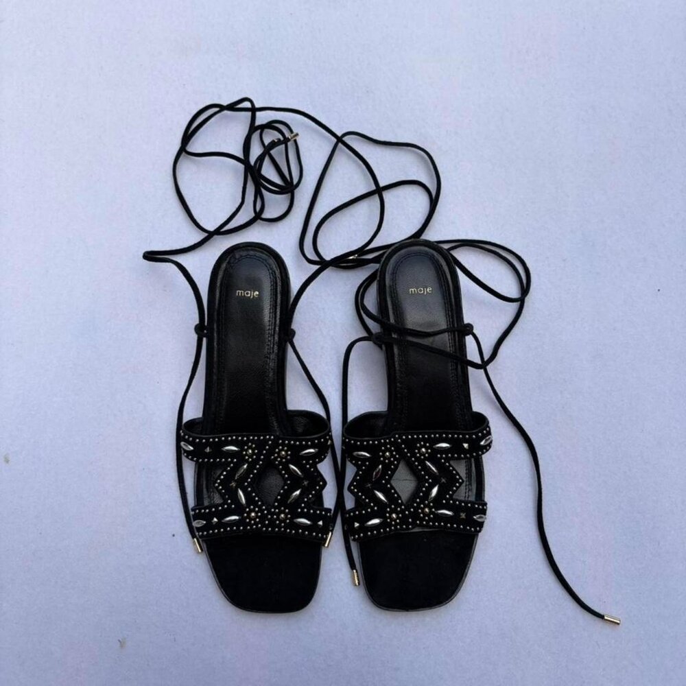 Maje Leather Studded Gladiator Kitten Heel Sandals Size 7.5 Size 38 Wedding